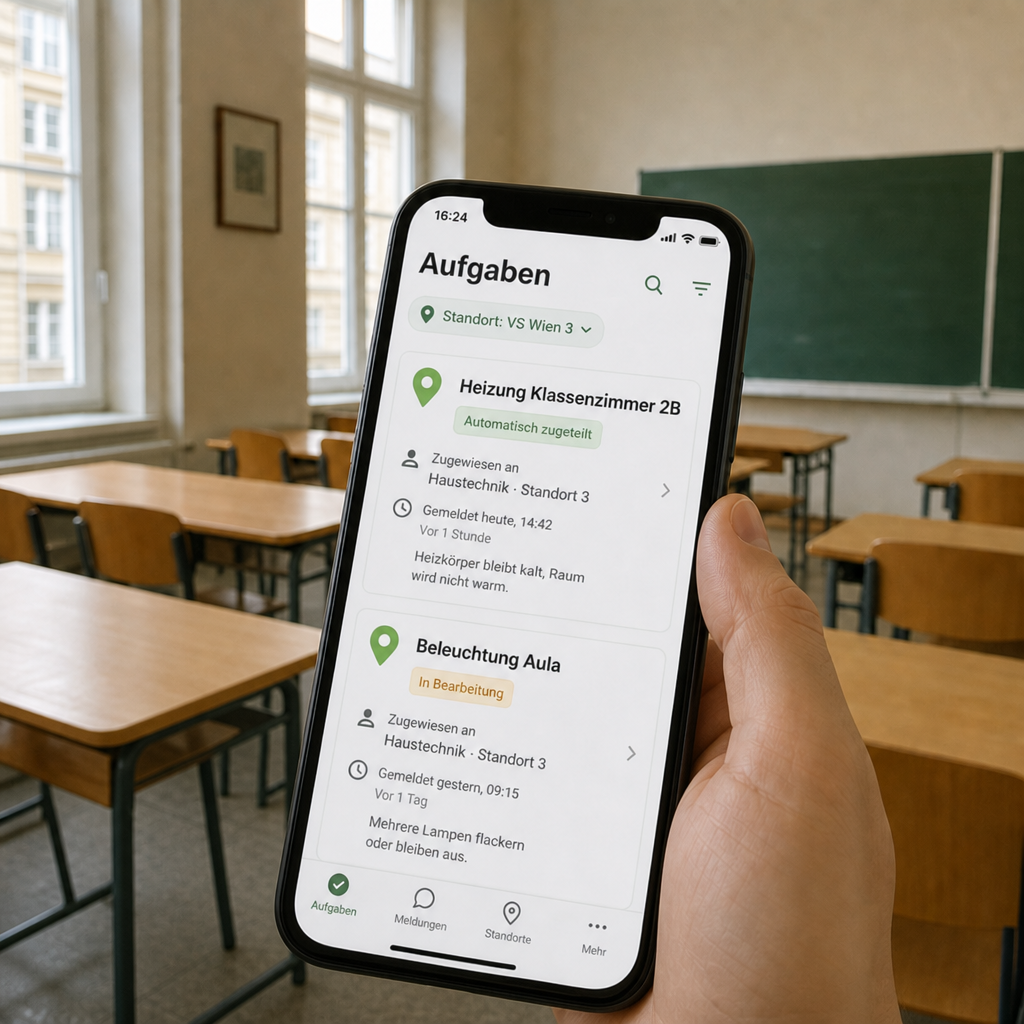 Ticketing-App auf einem Handy in einem Klassenzimmer